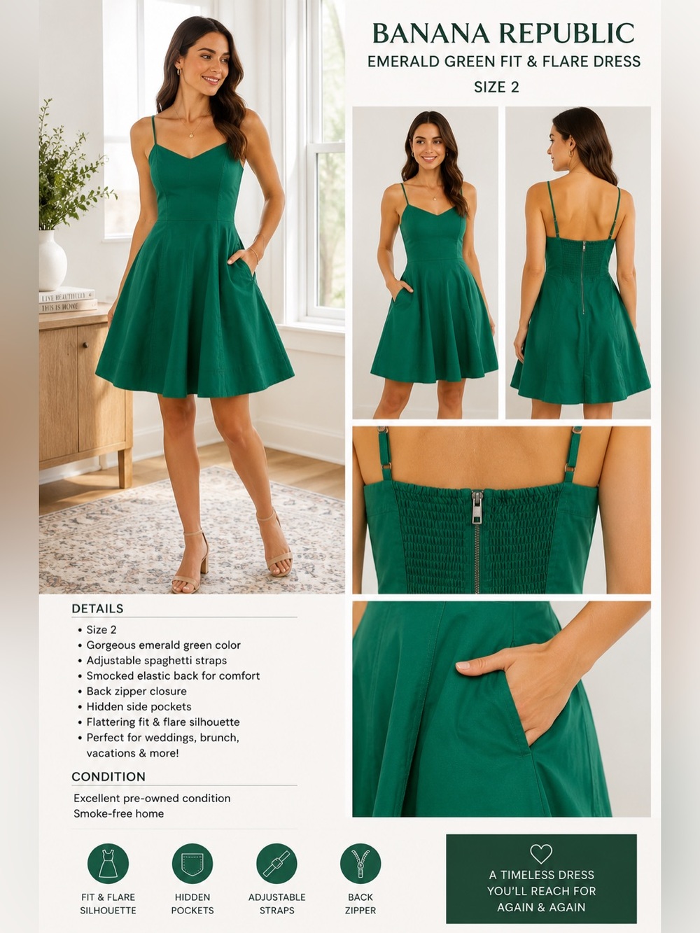 Banana Republic Emerald Green Fit & Flare Dress | Size 2 | Pockets